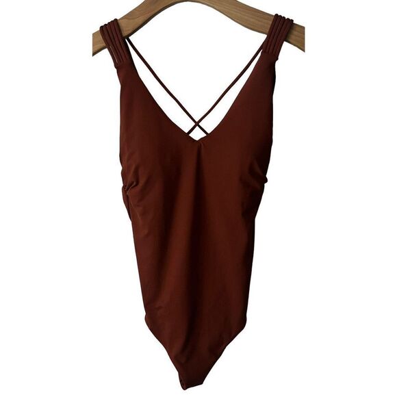 Sunn Lab Swim Brown Strappy Back One Piece Swimsuit Plunge Neck Size XS NEW - Picture 1 of 10